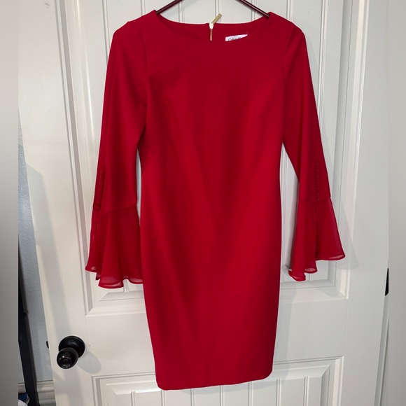CALVIN KLEIN ❤️ Elegant Cherry Red, Flared Sleeves Midi Dress (Women’s 6 Petite) - Picture 3 of 12